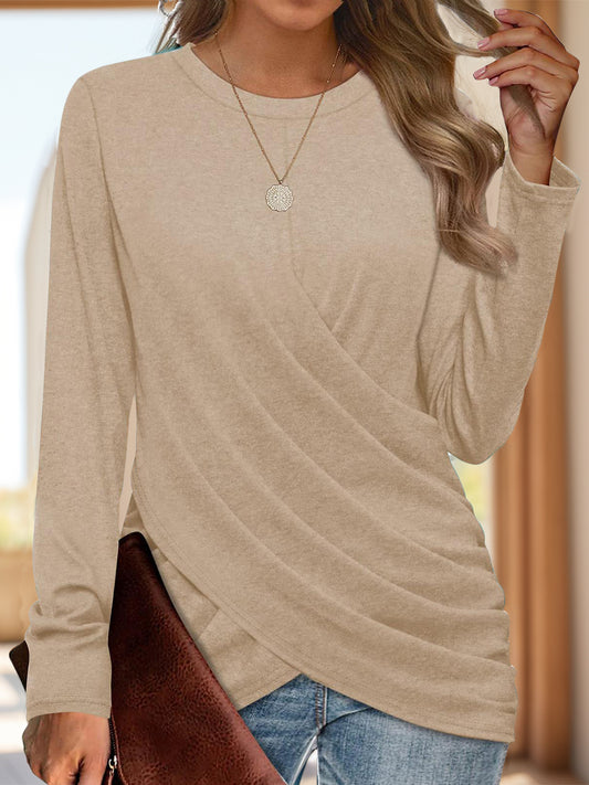 Ruched Round Neck Long Sleeve T-Shirt - Sassy Chic Studio